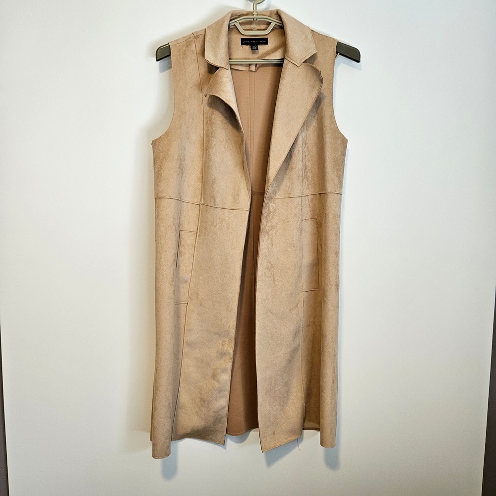 Joan Vass Faux Leather Long Duster Vest Women S Suede Open Front Boho Western